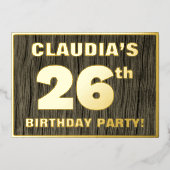 第26回バースデーパーティーはっきりした:,木目フェイク模様 箔招待状 (正面)
