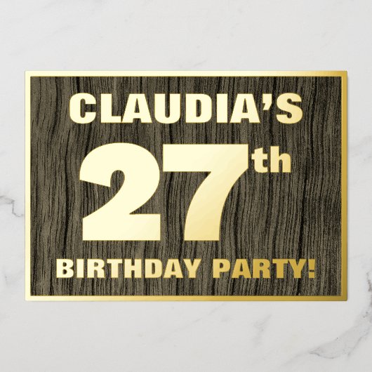 第27回バースデーパーティーはっきりした:,木目フェイク模様 箔招待状 (正面)