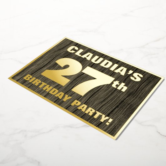 第27回バースデーパーティーはっきりした:,木目フェイク模様 箔招待状 (回転した状態)