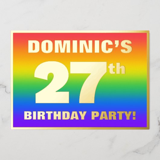 第27回誕生日パーティー：おもしろいカラフル、レインボーパターン 箔招待状 (正面)