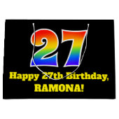 第27誕生日～おもしろい, カラフル, 鮮やか, Rainbow 27 ラージペーパーバッグ (正面)