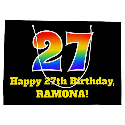 第27誕生日～おもしろい, カラフル, 鮮やか, Rainbow 27 ラージペーパーバッグ (裏面)