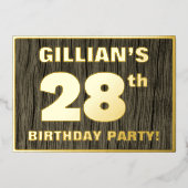 第28回誕生日パーティーはっきりした:木目フェイク模様 箔招待状 (正面)