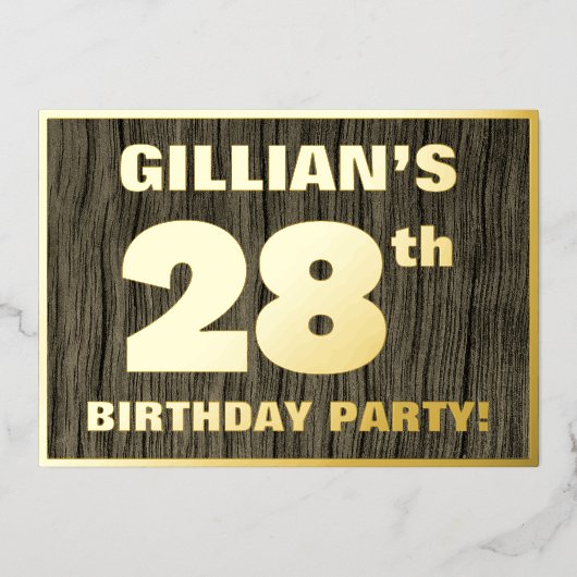 第28回誕生日パーティーはっきりした：木目フェイク模様 箔招待状 (正面)