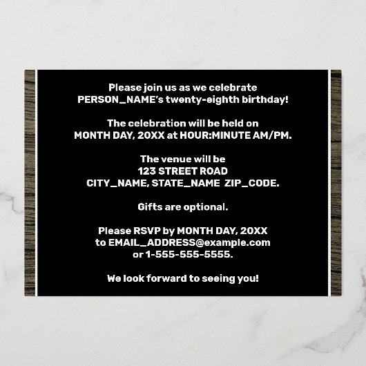 第28回誕生日パーティーはっきりした：木目フェイク模様 箔招待状 (裏面)