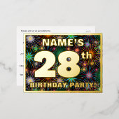 第28回誕生日パーティーはっきりした:, Fireworks カラフル Look 箔招待状ポストカード (正面/裏面)