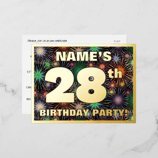 第28回誕生日パーティーはっきりした:, Fireworks カラフル Look 箔招待状ポストカード (正面/裏面)
