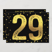 第29誕生会のフェイクな金ゴールドホイルの紙吹雪の黒 招待状 (正面/裏面)
