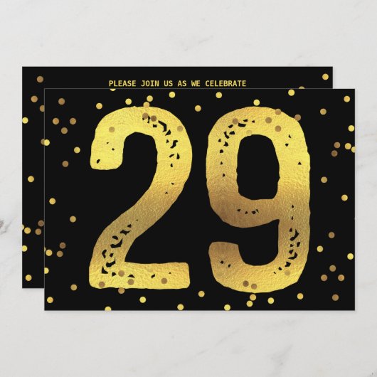 第29誕生会のフェイクな金ゴールドホイルの紙吹雪の黒 招待状 (正面/裏面)