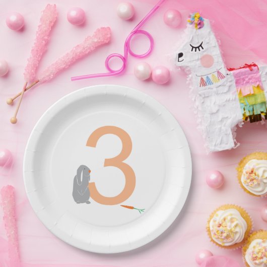 第3バースデーグレイモダンバニーパーティープレート ペーパープレート (パーティー)