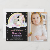 第3フローラブラックフォトユニコーン誕生日招待状 招待状 (正面)