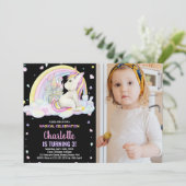 第3フローラブラックフォトユニコーン誕生日招待状 招待状 (スタンド正面)