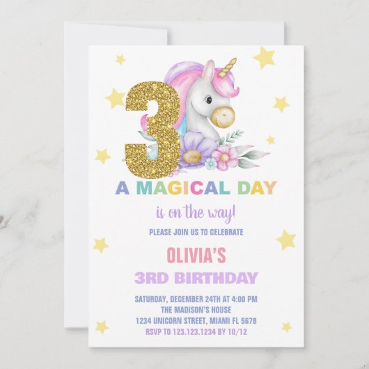 第3フローラユニコーン誕生日招待状 招待状 (正面)