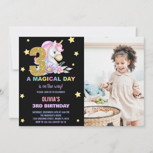 第3フローラUnicorn誕生日招待状(写真あり) 招待状 (正面)