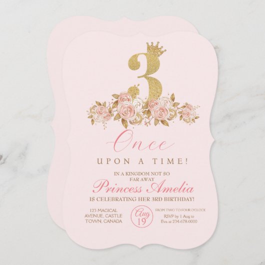 第3回キュートピンク金ゴールドクラウンプリンセス誕生日 招待状 (正面/裏面)