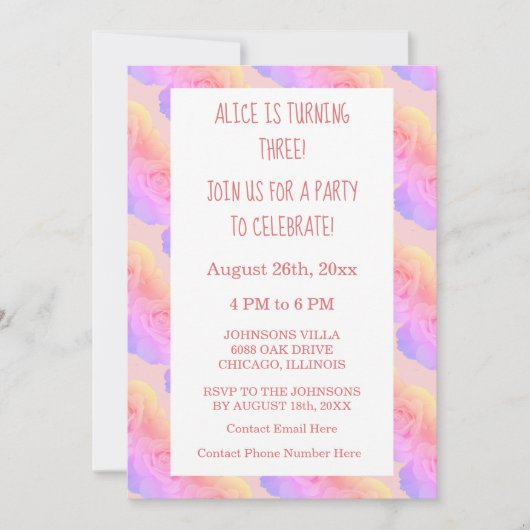 第3回誕生日コーラルピンクグラデーションフローラバラ 招待状 (正面)
