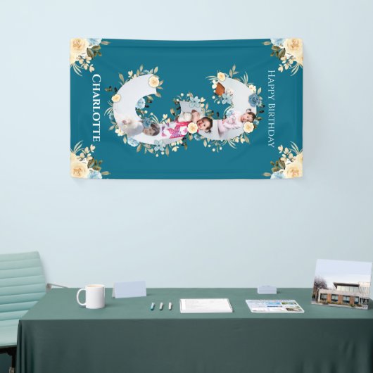 第3期バースフラワーティール(緑がかった色)フォトコラージブルーイエロー 横断幕 (トレードショー)