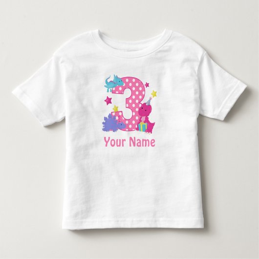 第3期誕生日ガール恐竜パーソナライズされたTシャツ トドラーTシャツ (正面)
