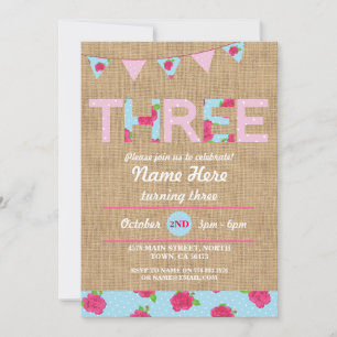 第3誕生日のお茶会3の3バーラップのバラの招待 招待状