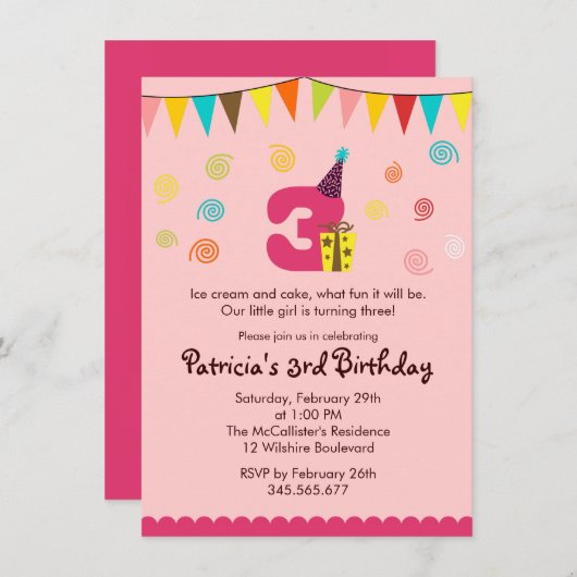 第3誕生日の子供のパーティの招待状 招待状 (正面/裏面)