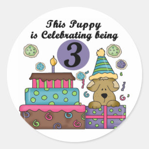 第3誕生日の子犬のTシャツおよびギフト ラウンドシール