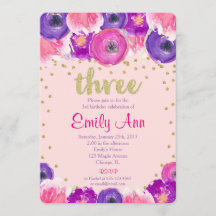 第3誕生日の招待の女の子、ピンクの紫色の金ゴールド
