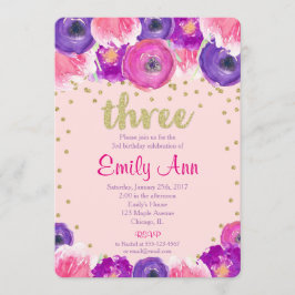 第3誕生日の招待の女の子、ピンクの紫色の金ゴールド 招待状