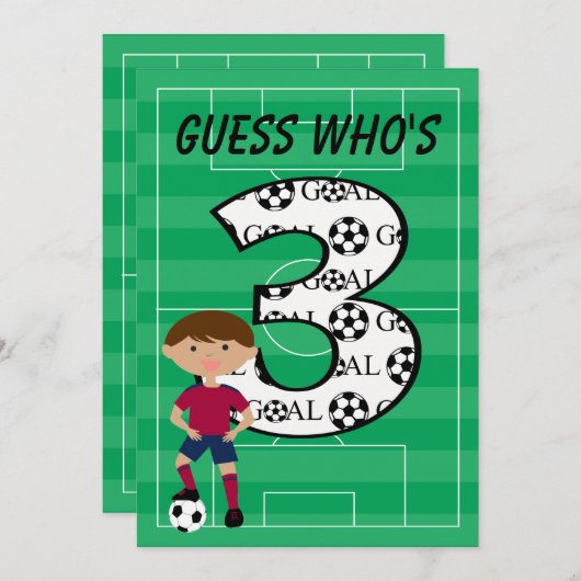 第3誕生日の赤くおよび青のサッカーのゴールの招待状 招待状 (正面/裏面)