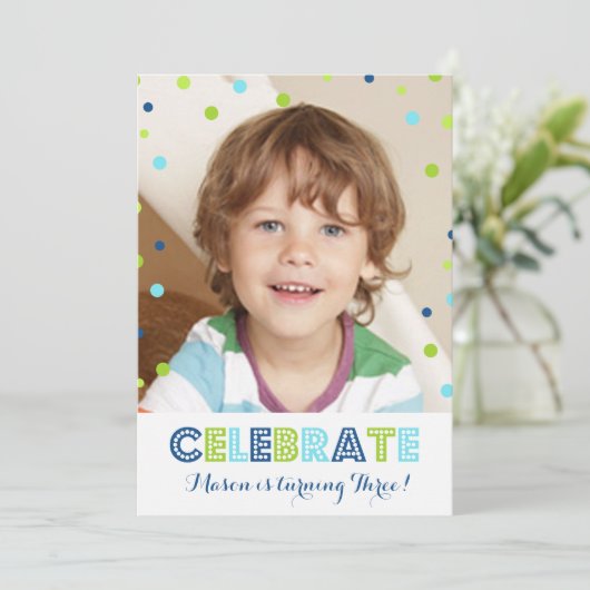 第3誕生日の青緑の紙吹雪の写真の招待状 招待状 (スタンド正面)