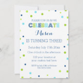 第3誕生日の青緑の紙吹雪の写真の招待状 招待状 (裏面)