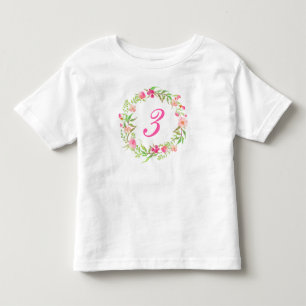 第3誕生日ガール水彩フローラリース トドラーTシャツ