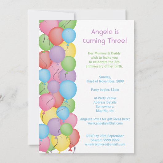 第3誕生日パーティーバルーンカスタム招待状 招待状 (裏面)