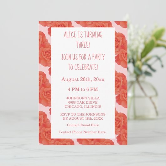 第3誕生日ピンクオレンジフローラバラかわいい 招待状 (スタンド正面)