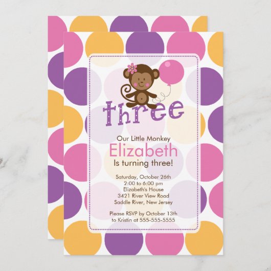 第3誕生日小さい猿の誕生日の招待状 招待状 (正面/裏面)