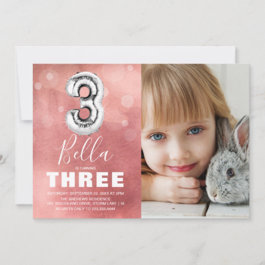 第3誕生日銀バルーン |ピンクの写真パーティー 招待状 (正面)