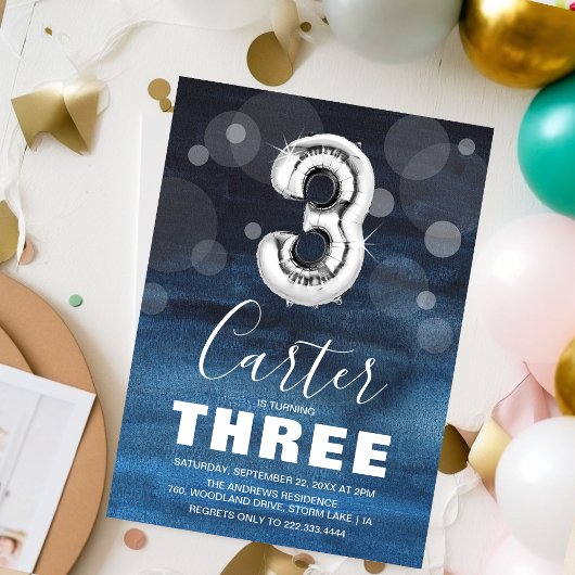 第3誕生日銀バルーン |青いパーティー 招待状
