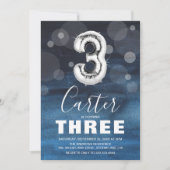 第3誕生日銀バルーン |青いパーティー 招待状 (正面)