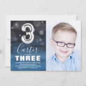 第3誕生日銀バルーン |青い写真パーティー 招待状 (正面)