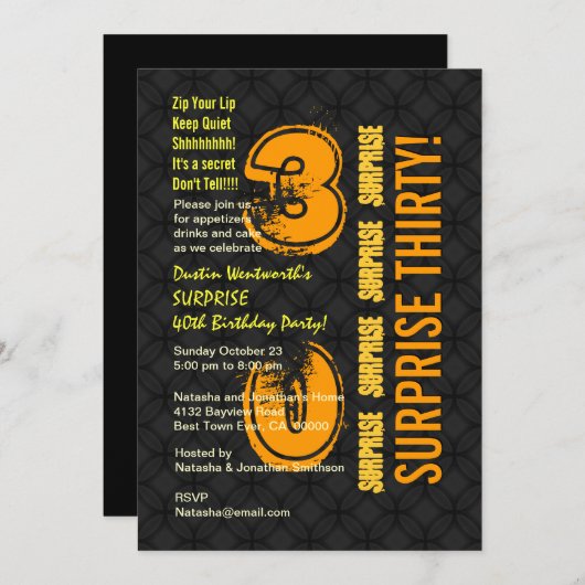 第30モダンな誕生日の黒および金ゴールドE002を驚かして下さい 招待状 (正面/裏面)