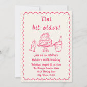 第30回ピンクの手描きシャンパンケーキ誕生日写真 招待状 (正面)