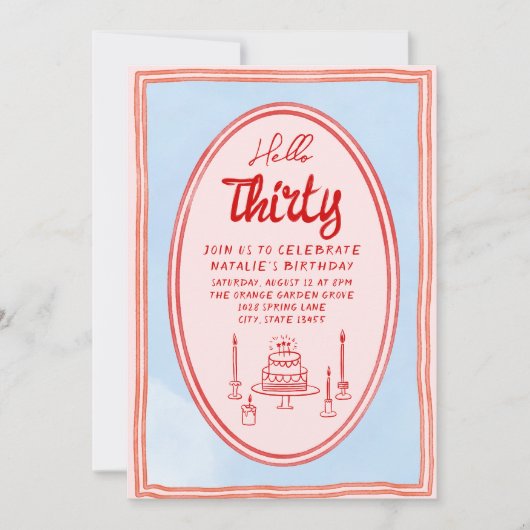 第30回ピンクの手書ケーキ写真描誕生日 招待状 (正面)