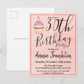 第30回ピンクウォーターカラーカップケーキ誕生日 インビテーションポストカード (正面/裏面)