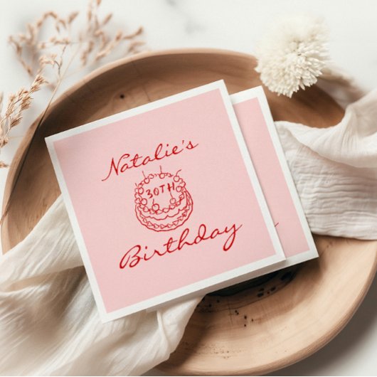 第30回ピンク手描きケーキマイルストーンおもしろい誕生日 スタンダードカクテルナプキン