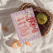 第30回ピンク描のシャンパングラスおもしろいフォト誕生日 招待状