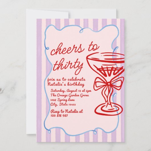 第30回ピンク描クカラフルシャンパンガラス誕生日 招待状 (正面)