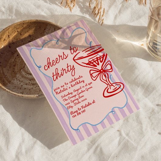 第30回ピンク描クカラフルシャンパンガラス誕生日 招待状