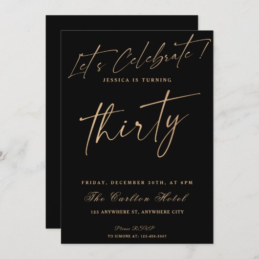 第30回ブラック&金ゴールドエレガントな誕生日パーティー 招待状 (正面/裏面)