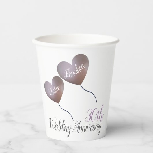 第30回真珠結婚周年記念ピンクハートバルーン 紙コップ (正面)