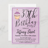 第30回紫ウォーターカラーカップケーキ誕生日 インビテーションポストカード (正面/裏面)