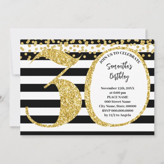 第30白黒金ゴールドグリッターモダン誕生日 招待状 (正面)